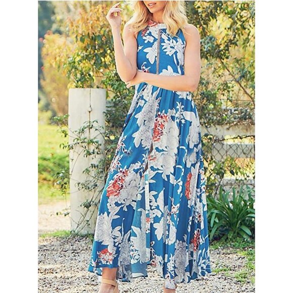 Boho Teal Blue Floral Printed Halter Neck Cut Out Flowy Long A-Line Maxi Dress - Picture 4 of 7